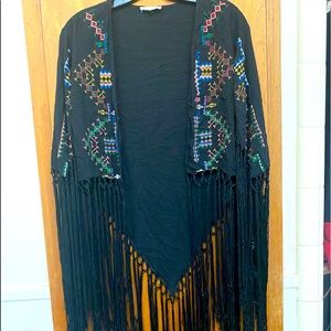 Embroidered Aztec/Boho Black Fringed Kimono